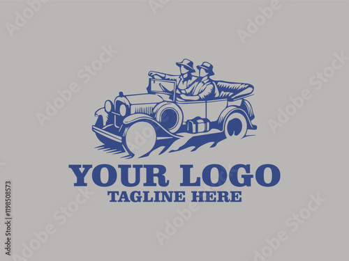 This vector illustration shows two friends laughing happily in a vintage car driving on the highway. The afternoon sunlight shone on their faces, creating a warm and pleasant atmosphere