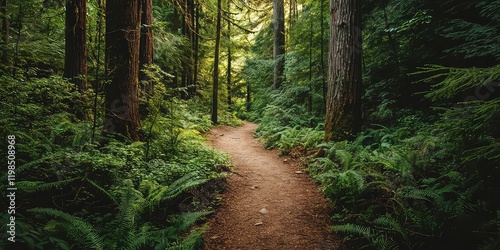 Fototapeta Naklejka Na Ścianę i Meble -  A trail winding through jungle plants, surrounded by towering trees and thick foliage.