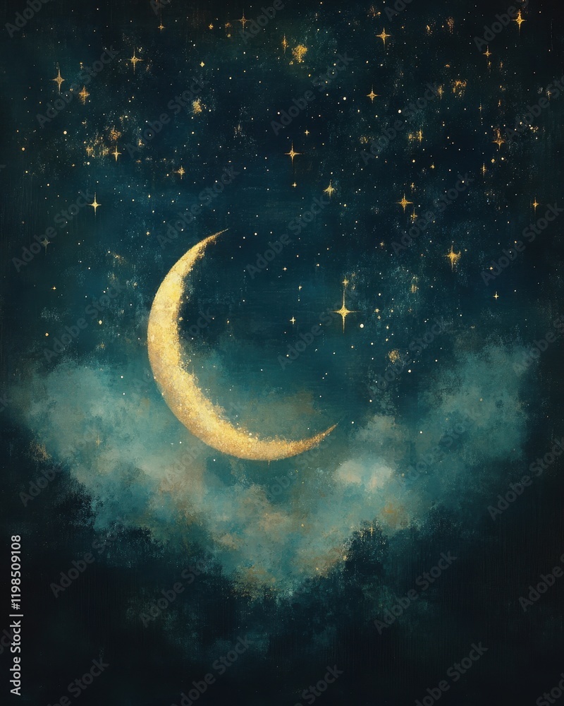 Mystical Golden Crescent Moon in a Starry Night Sky with Wispy Clouds, Artistic Illustration. Mystical Golden Crescent Moon in a Starry Night Sky with Wispy Clouds, Artistic Illustration.