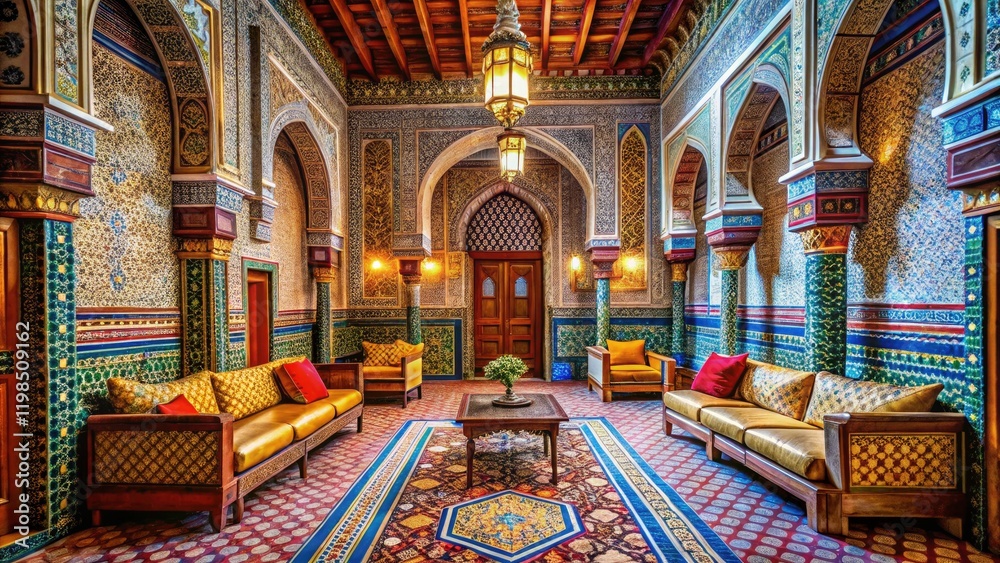 Obraz premium Intricate Moroccan hotel patterns, photographed in high resolution with deep depth of field, reveal exquisite textures.