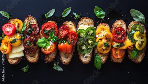 Delicious Bruschetta Toasts with Colorful Tomatoes, Basil, and Cheese photo