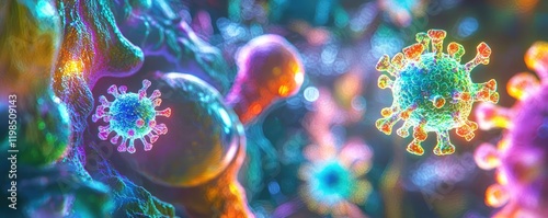 Dust pollution idea. Colorful digital illustration of microscopic viruses in a vibrant environment.