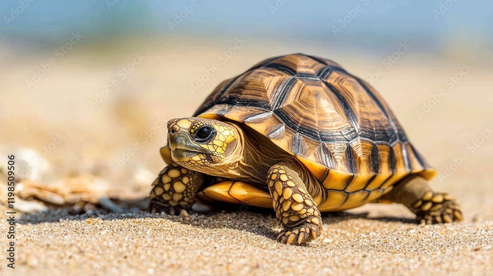 A Golden Tortoise on Sandy Beach A Golden Tortoise on Sandy Beach
