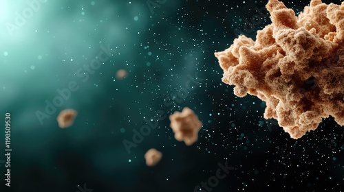 Dust pollution concept. Abstract depiction of cosmic dust particles floating in a mystical dark background.