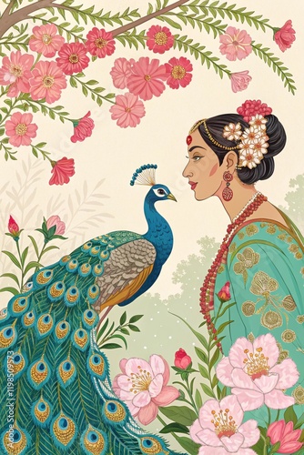 A woman with a peacock in the garden