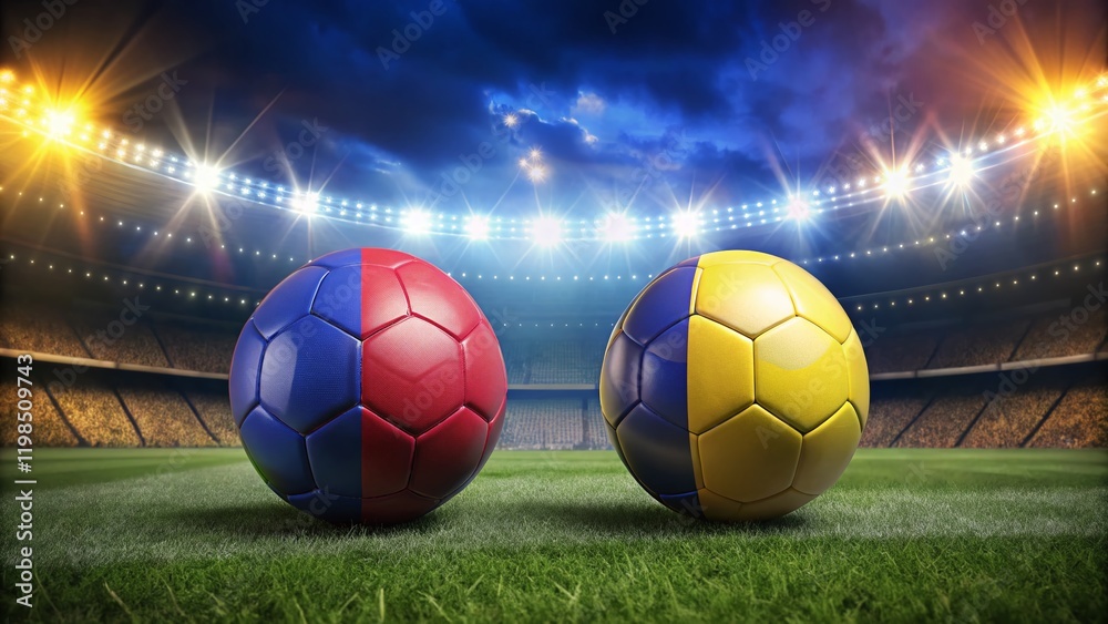 Fototapeta premium Andorra & Liechtenstein Soccer Balls on Stadium Night - 3D Render