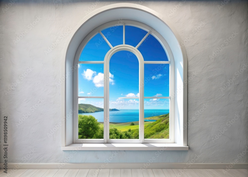 Modern arch window with a crisp white frame, a stunning architectural detail enhancing elegant home décor. Modern arch window with a crisp white frame, a stunning architectural detail enhancing elegant home décor.