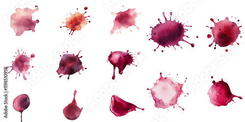 Set of watercolor splashes or stains with dark red wine. white background