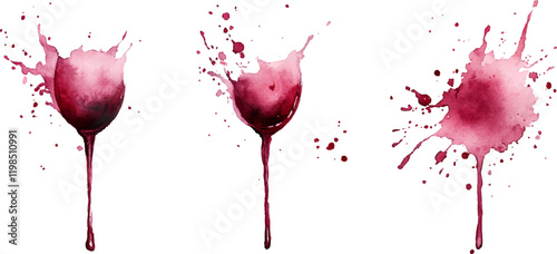 Set of watercolor splashes or stains with dark red wine. white background