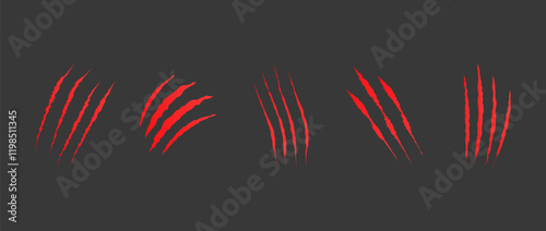 Cat scratch. Red claw scratches set isolated on black background. Dragon, bear or tiger claw marks. Halloween monster paw scratch trace on surface. Flat vector illustration.