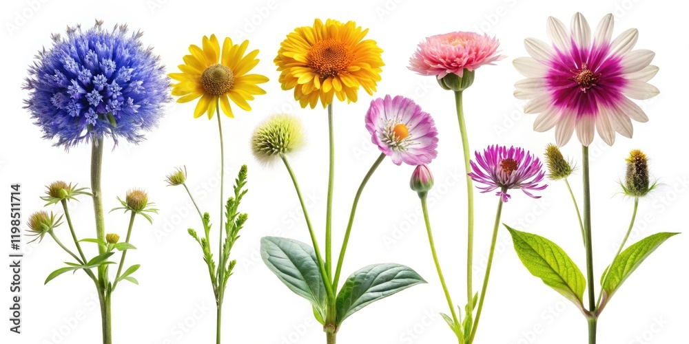 Studio-shot botanical photography: five wildflowers in sharp focus, a high depth of field reveals intricate floral beauty. Studio-shot botanical photography: five wildflowers in sharp focus, a high depth of field reveals intricate floral beauty.