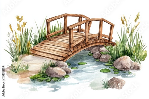 Watercolor painting of a wooden bridge over a stream with rocks and plants.