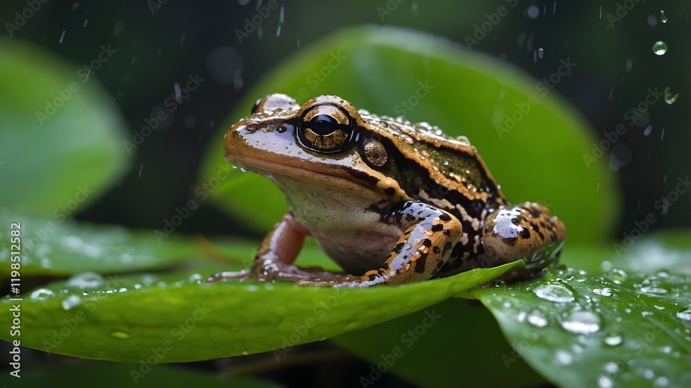 Fototapeta premium Leaf Perch: The Striking Striped Rocket Frog Up Close