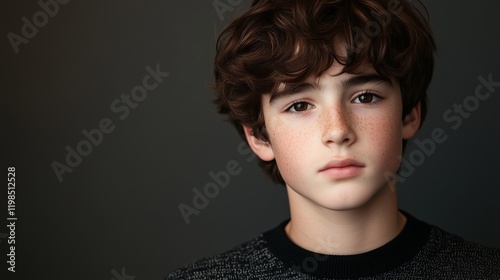 Image of the face of boy 12 years old with brown hair brown eye a black and grey pull-over