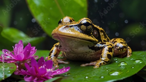 Bold Stripes: A Close-Up of the Rocket Frog on a Green Leaf photo