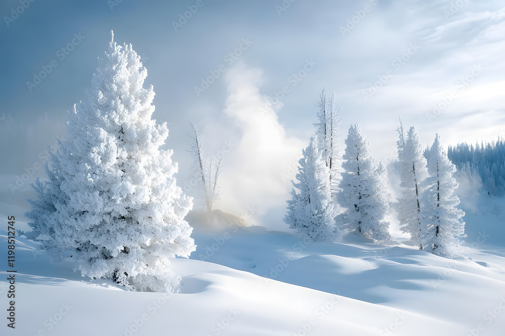 Fototapeta premium Yellowstone National Park winter wonderland with steaming geysers and snow-covered landscapes.