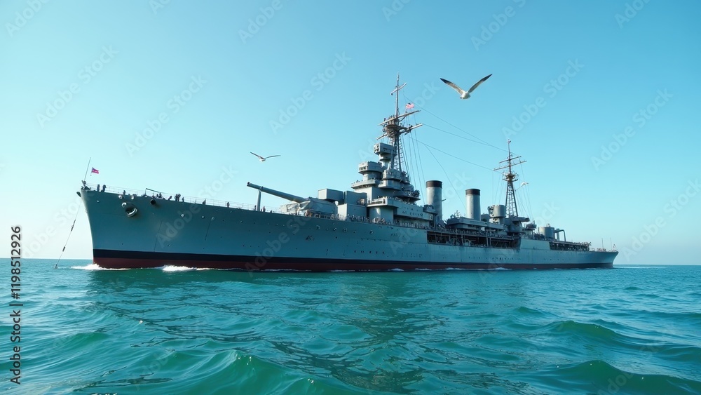 A majestic battleship dominates the ocean horizon with its hull gleaming under the sun. Seagulls soar gracefully overhead, adding life to this serene maritime scene. A majestic battleship dominates the ocean horizon with its hull gleaming under the sun. Seagulls soar gracefully overhead, adding life to this serene maritime scene.
