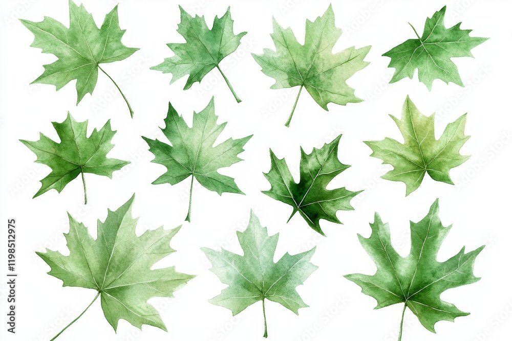Watercolor painting of green maple leaves isolated on white. Watercolor painting of green maple leaves isolated on white.