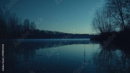 Tranquil Night at the Lake: Serene Reflection Under Starry Sky photo