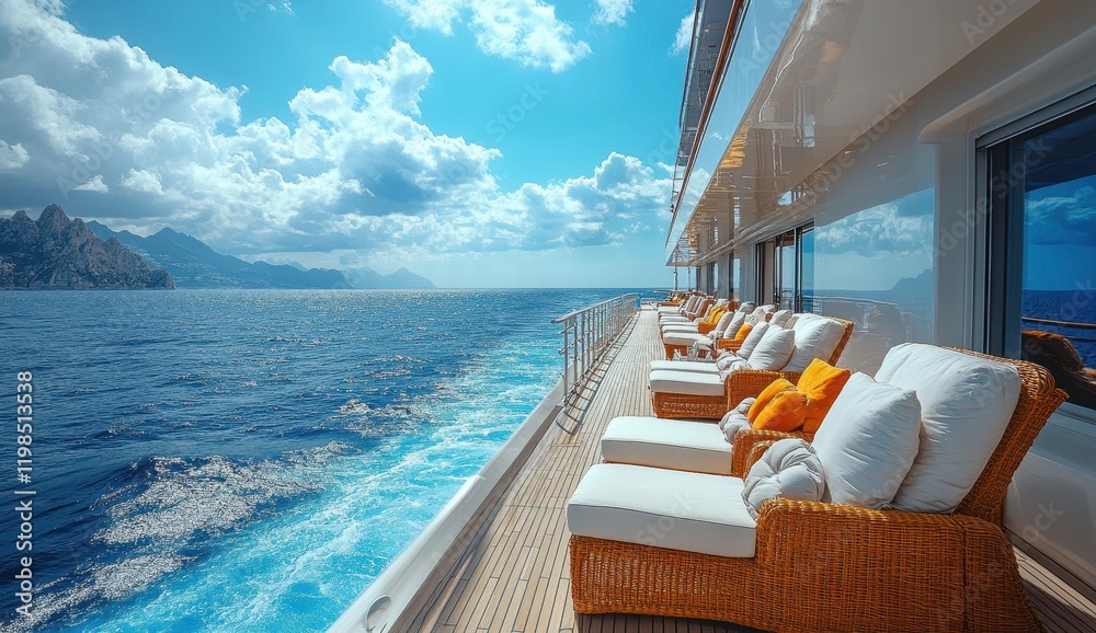 Obraz premium Luxury cruise ship deck with lounge chairs and ocean views