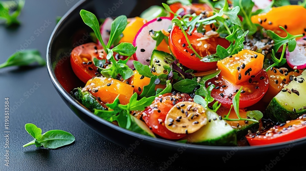Fresh summer vegetable salad, healthy food, dark background, close-up, recipe Fresh summer vegetable salad, healthy food, dark background, close-up, recipe