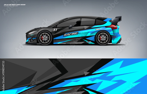 Sporty racing Car branding mockup with racing wrap decal or livery design, Hatchback wrap blue and black livery design