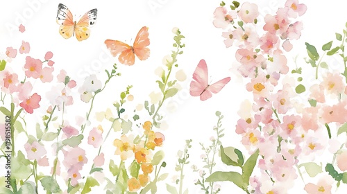A dreamy watercolor illustration of an enchanted garden, awash with soft pastel blooms and graceful butterflies. 