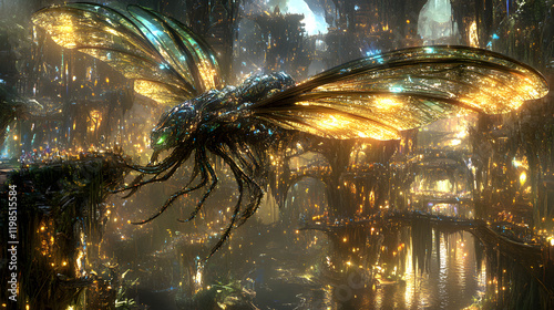 13. An ancient rainforest buzzing with enormous dragonflies and strange mammals hiding among ferns, illuminated by golden shafts of sunlight piercing the dense vegetation 
