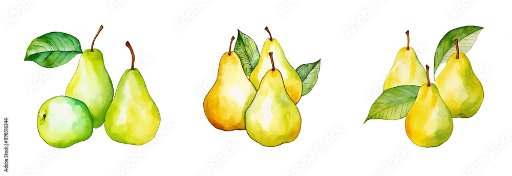 Obraz premium Watercolor Illustration of Ripe Pears with Green Leaves for Natural Food Themes, on a white and transparent background, PNG.