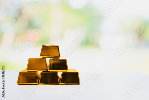 Golds on the table. Money management, financial plan, time value of money, Gold value and price concept. photo