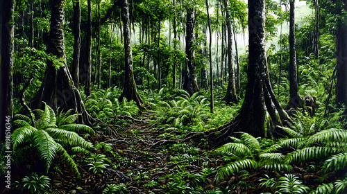 13. An ancient rainforest buzzing with enormous dragonflies and strange mammals hiding among ferns, illuminated by golden shafts of sunlight piercing the dense vegetation  photo