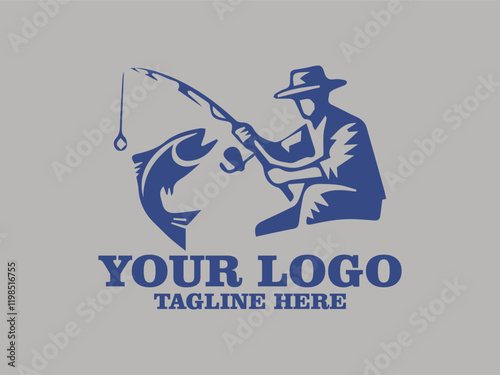 Vector Illustration blue fisherman catches large fish on rod, ideal for fishing and outdoor recreation designs, vacation advertisements, fishing equipment promotions
