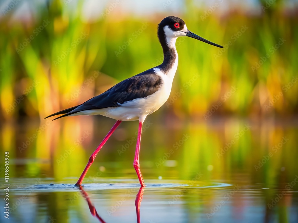 Fototapeta premium Black-Necked Stilt Wading in Pond - Elegant Bird in Natural Habitat