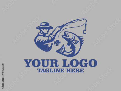 Vector Illustration blue fisherman catches large fish on rod, ideal for fishing and outdoor recreation designs, vacation advertisements, fishing equipment promotions