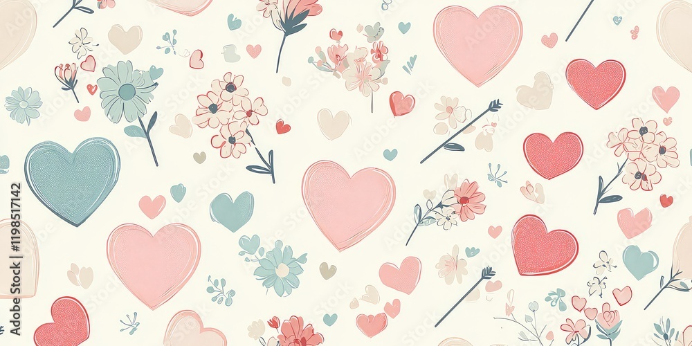 A seamless pattern of hearts, flowers, and Cupid’s arrows in soft pastel colors. A seamless pattern of hearts, flowers, and Cupid’s arrows in soft pastel colors.