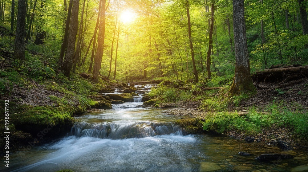 Fototapeta premium Sunlit stream flowing through lush forest nature photography serene environment gigapixel quality