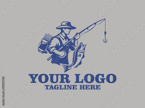 Vector Illustration blue fisherman catches large fish on rod, ideal for fishing and outdoor recreation designs, vacation advertisements, fishing equipment promotions