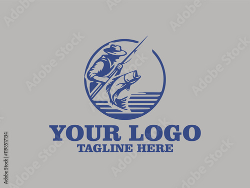 Vector Illustration blue fisherman catches large fish on rod, ideal for fishing and outdoor recreation designs, vacation advertisements, fishing equipment promotions
