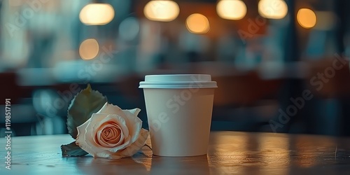 A selective focus image of a coffee cup on a table with the background intentionally blurred, highlighting the subject. photo