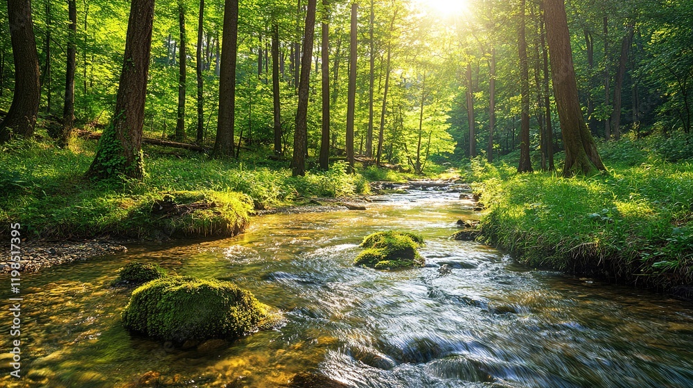 Sunlight illuminates lush forest scene with stream nature photography tranquil environment scenic viewpoint