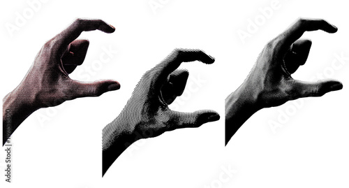 3 style Halftone hands collection. Halftone hands show the counting from one to five. Stylish halftone collage design elements. Hand gestures in pop art style. Transparent background