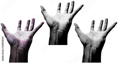 3 style Halftone hands collection. Halftone hands show the counting from one to five. Stylish halftone collage design elements. Hand gestures in pop art style. Transparent background