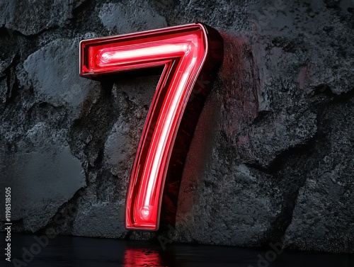 A red neon number seven on a black wall photo