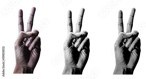 3 style Halftone hands collection. Halftone hands show the counting from one to five. Stylish halftone collage design elements. Hand gestures in pop art style. Transparent background