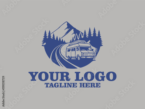 This vector illustration shows a vintage camper van driving down a winding road in the middle of a pine forest. The afternoon sun shone through the mist covering the mountains