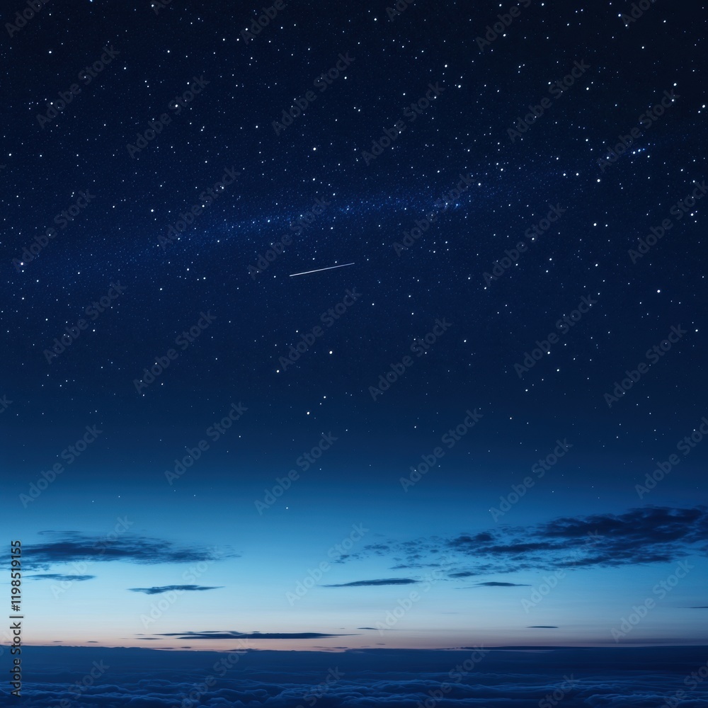 Naklejka premium Stunning Night Sky with Milky Way, Meteor, and Layered Clouds Below.