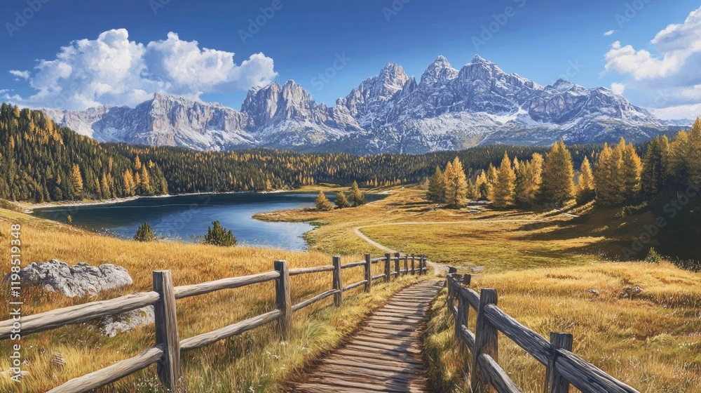 Picturesque autumnal lake and mountain landscape with wooden path. Picturesque autumnal lake and mountain landscape with wooden path.
