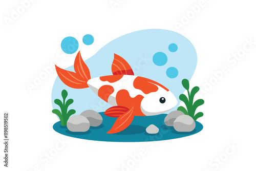 in a aquarium one koi fish with stones and seaweed