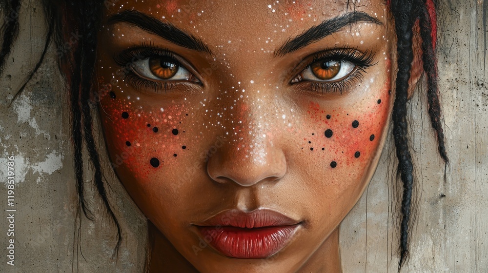 Fototapeta premium Close-up portrait of a woman with striking features and artistic face paint against a textured background