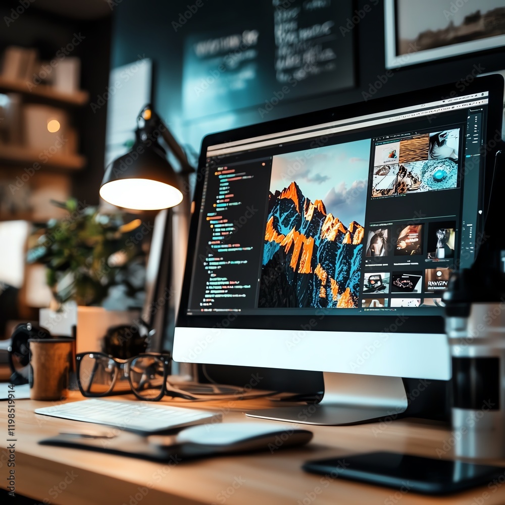 Modern Workspace Showcasing a High-Tech Computer With Coding and Design Elements Modern Workspace Showcasing a High-Tech Computer With Coding and Design Elements